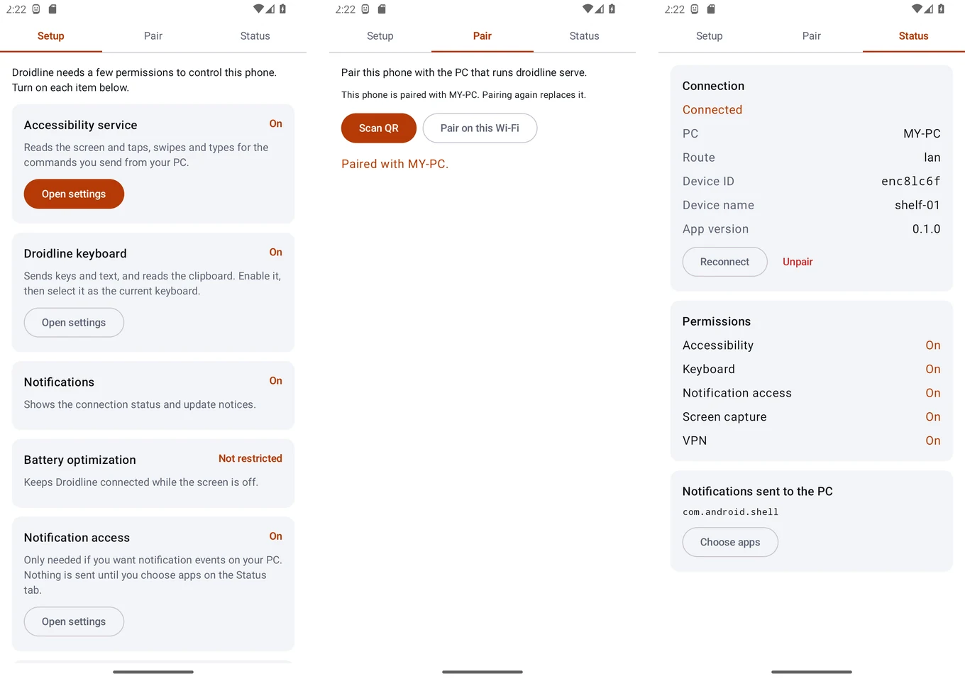 The Droidline app on Android 13: the Setup tab with every permission on, the Pair tab after pairing, and the Status tab of a connected phone